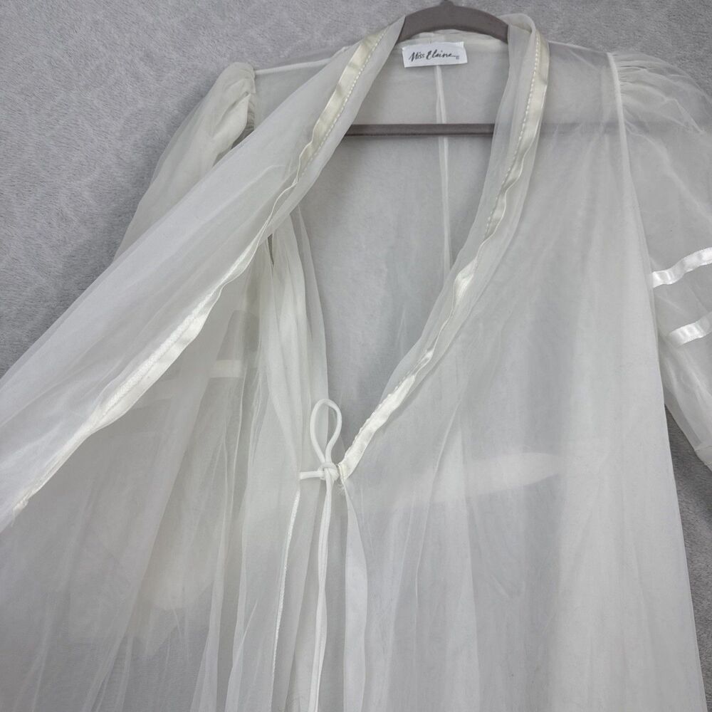 Vtg Miss Elaine Sheer Robe S/M White Belt Peignoir Puff Sleeve Bridal Retro 50s - Picture 4 of 11
